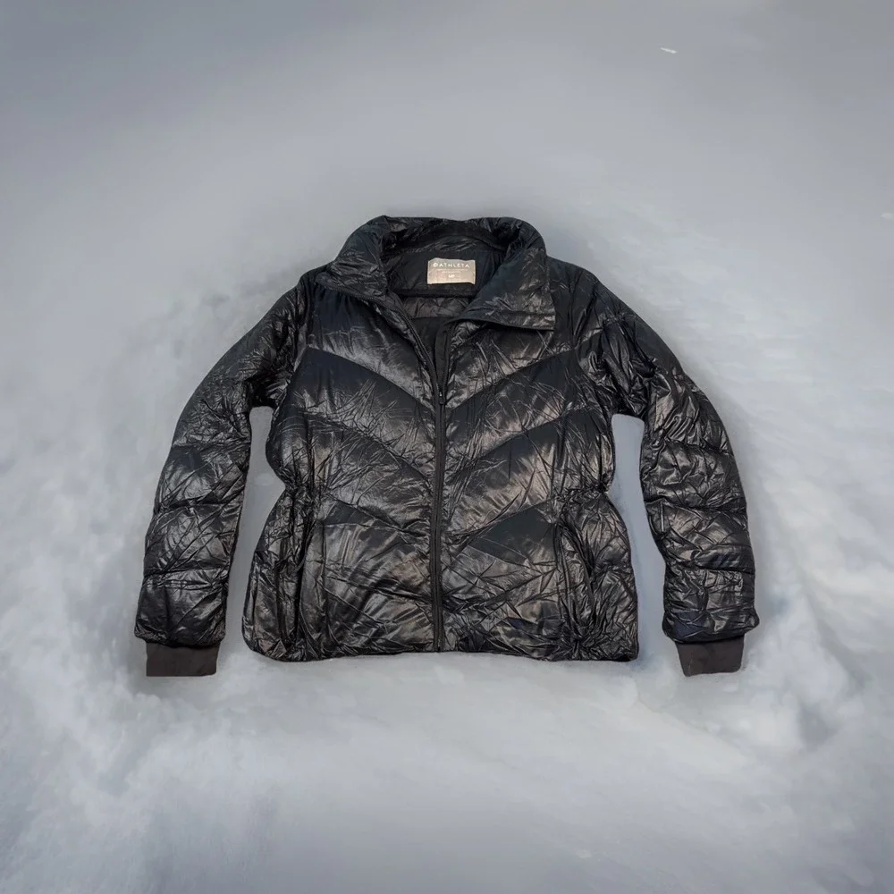 Athleta Lofty Puffer Jacket‎ Womens Size MP Black Goose Down Coat Casual Zipper